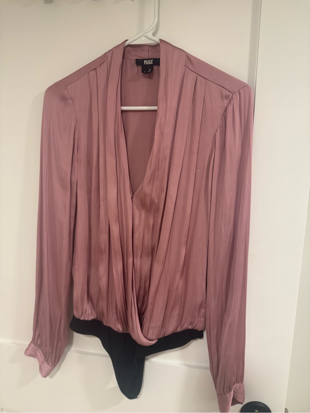 PAIGE Mauve Satin Surplice Long Sleeve Bodysuit Size Small